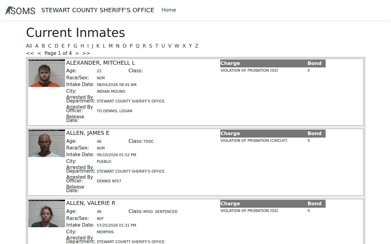 Stewart County arrest lookup current inmate roster controls