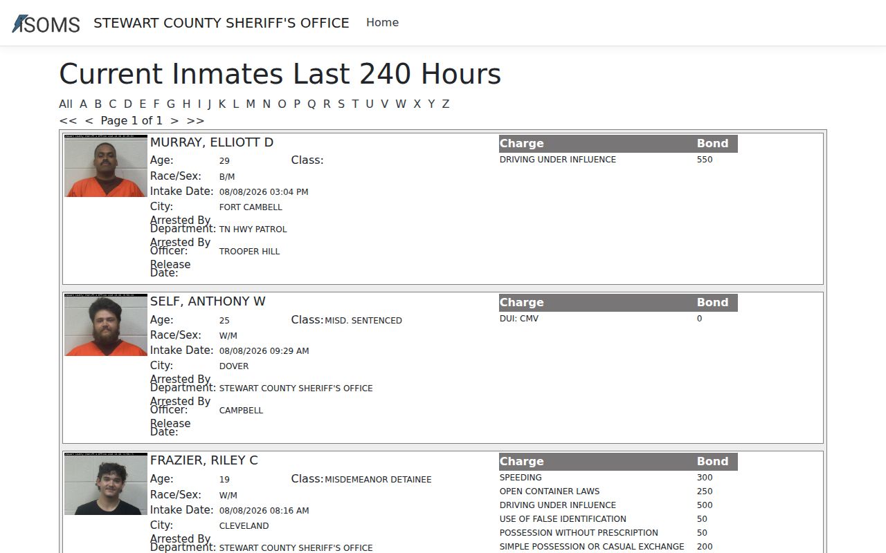 Stewart County arrest lookup recent 240-hour booking log controls