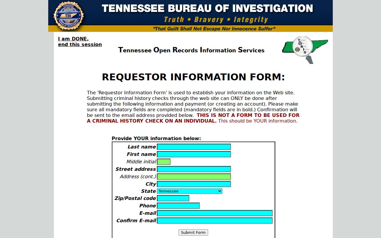 Stewart County criminal record requester fields in TORIS